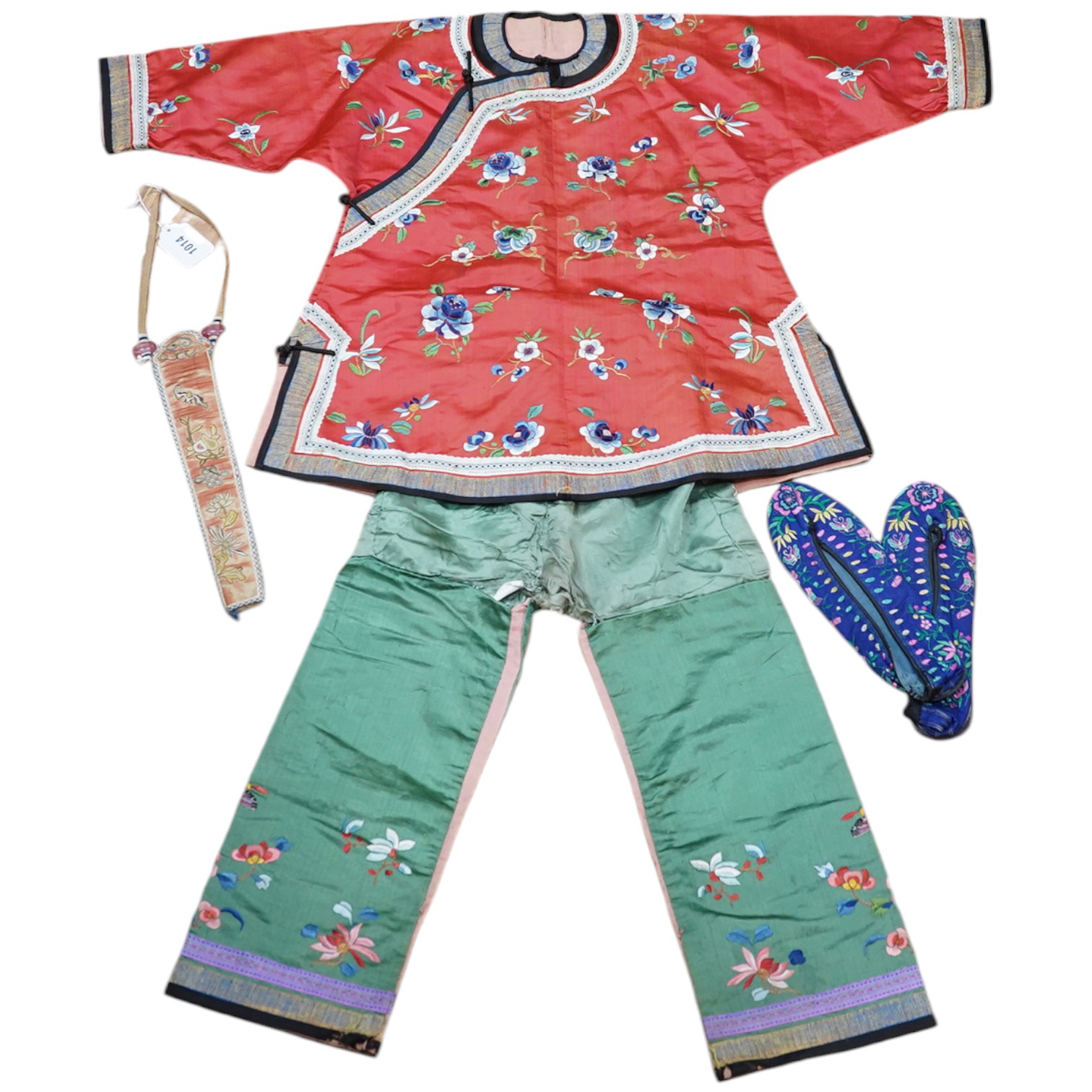 A Chinese embroidered fan case, a small red silk embroidered robe, trousers and a later pair of embroidered slippers, the robe possibly for a child, 20th century, embroidered with multi-coloured flowers and gold thread o